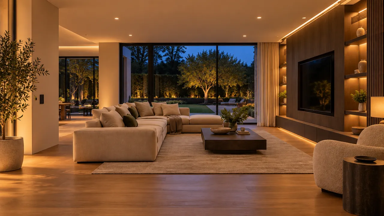 Smart home living room in warm evening lighting
